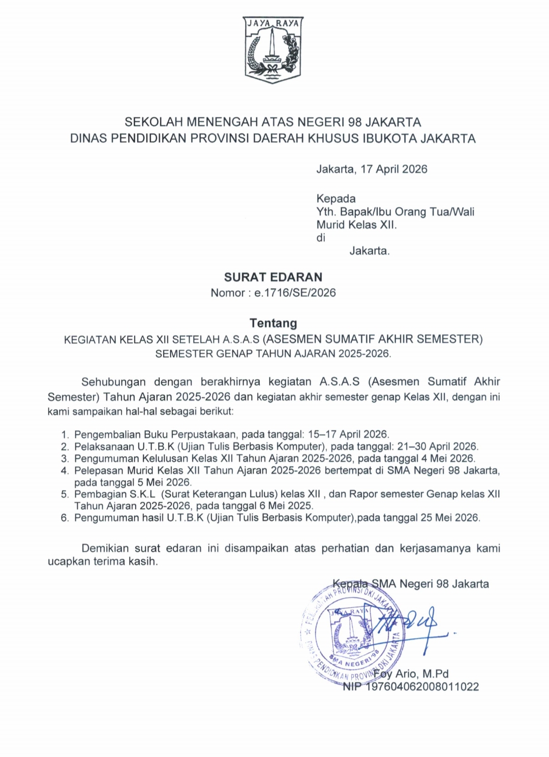 Agenda kegiatan Kelas 12